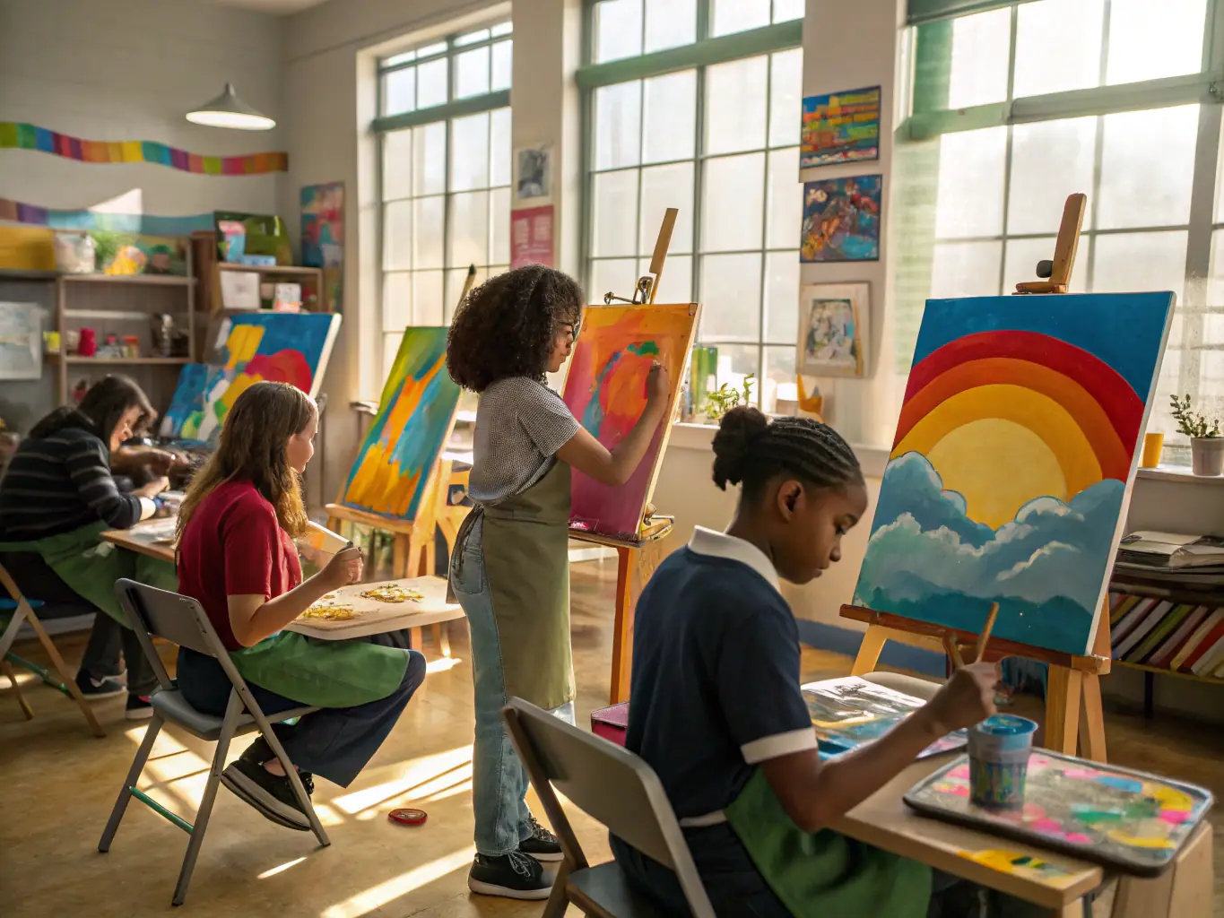 A dynamic image of an art class in session, with students painting landscapes under the guidance of an instructor, capturing the learning and collaborative environment.