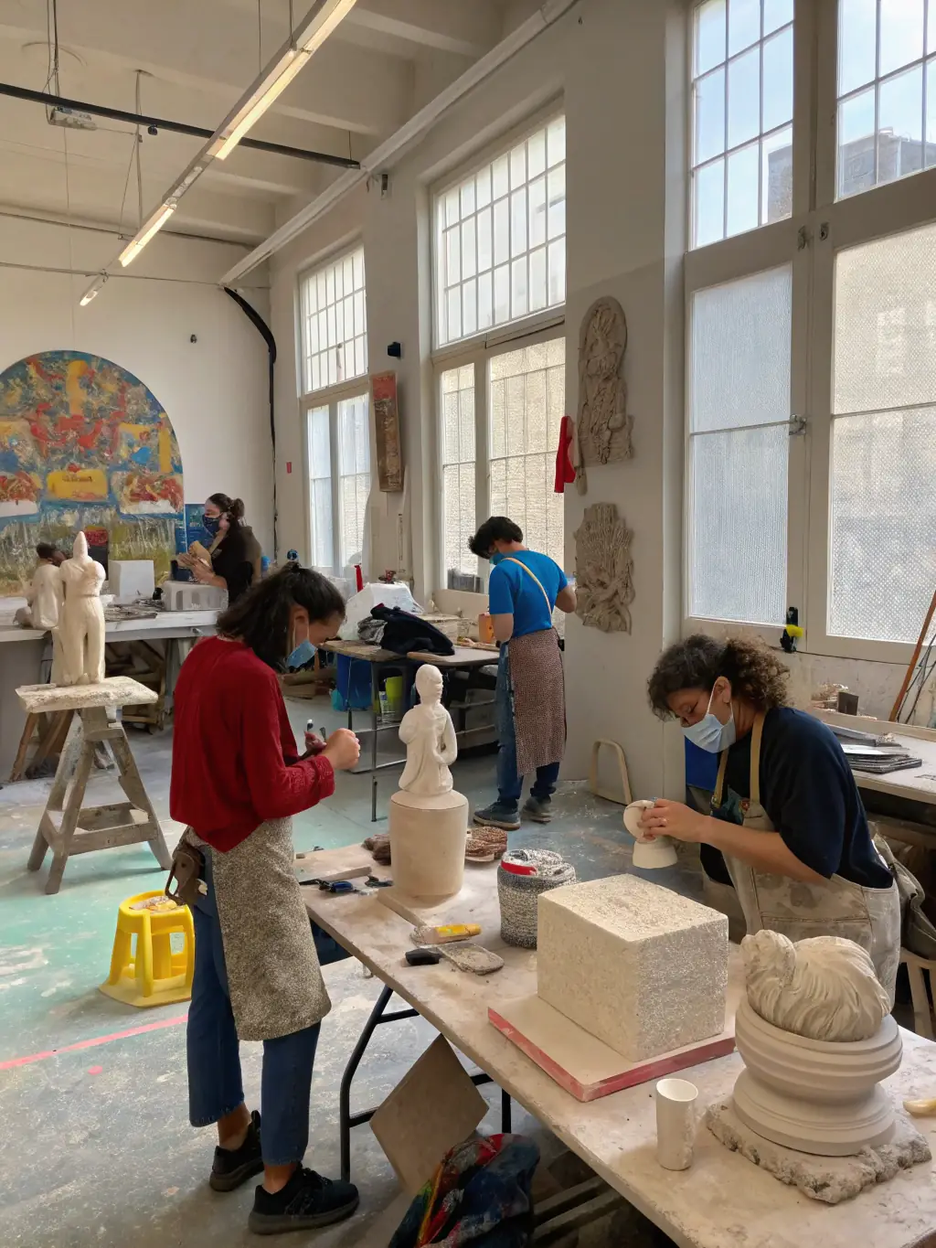 A photograph of a sculpture workshop, with participants working on various sculptures using different materials, highlighting the diversity of artistic expression.