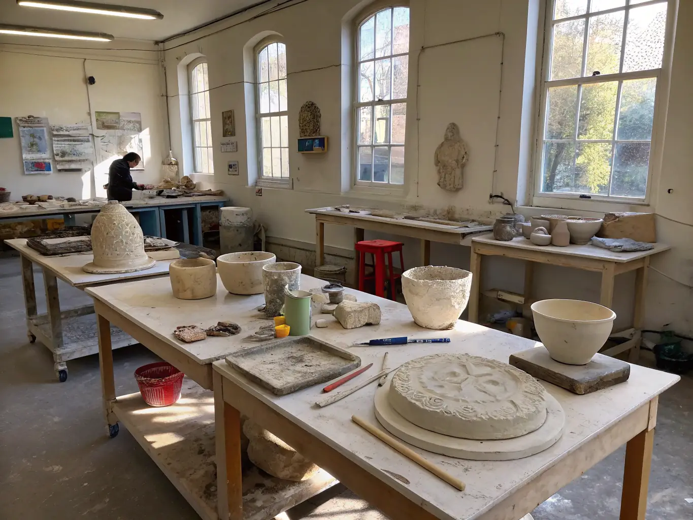 A focused image of a sculpture class, with students working on their sculptures, showcasing the detailed and intricate nature of the art form.