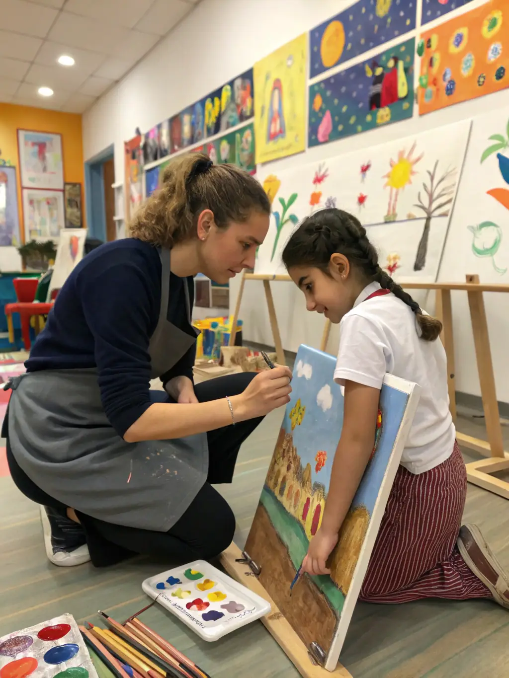 A photograph of a painting class, with an instructor demonstrating techniques to a group of attentive students, emphasizing the interactive nature of the session.