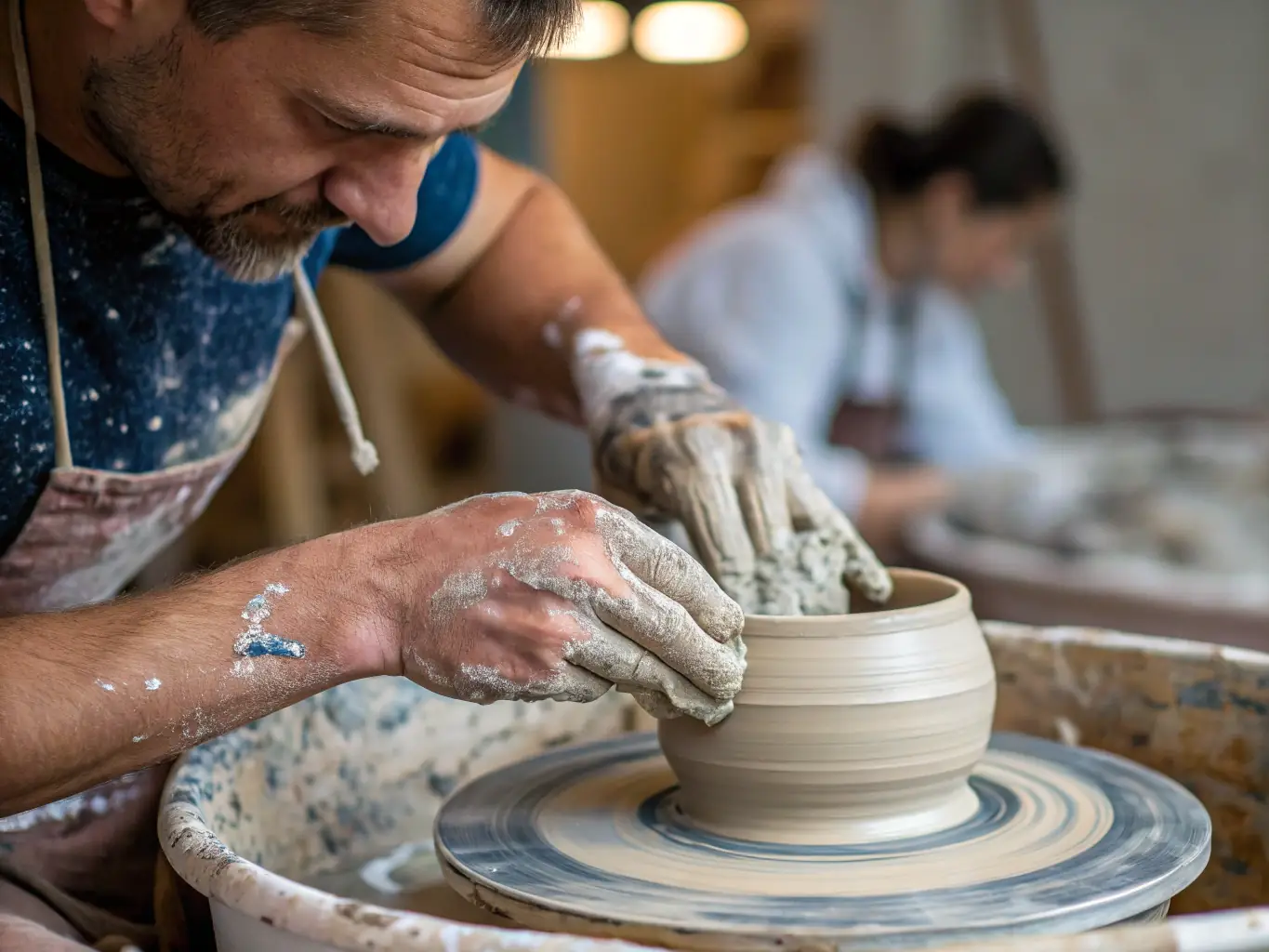 A vibrant image of participants engaged in a pottery workshop, hands covered in clay, showcasing the hands-on experience and creative atmosphere of the session.